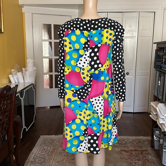Vintage 80s Pat Argenti Colorful Polka Dot Silk A-Line Dress Size 6 - Picture 10 of 12